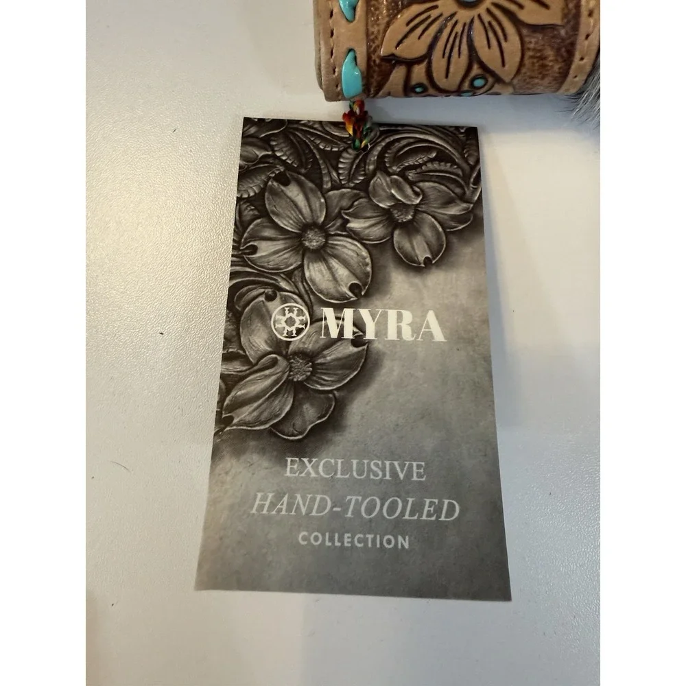NWT Myra Bag Exclusive Hand Tooled Leather Cowhide Wristlet Wallet Turquoise